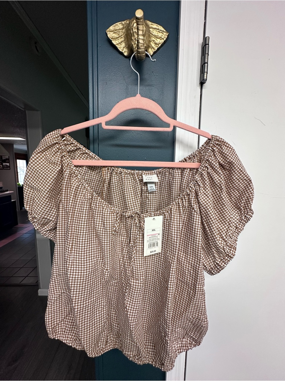 Women's Brown Gingham Off-Shoulder Puff Sleeve Top XXL